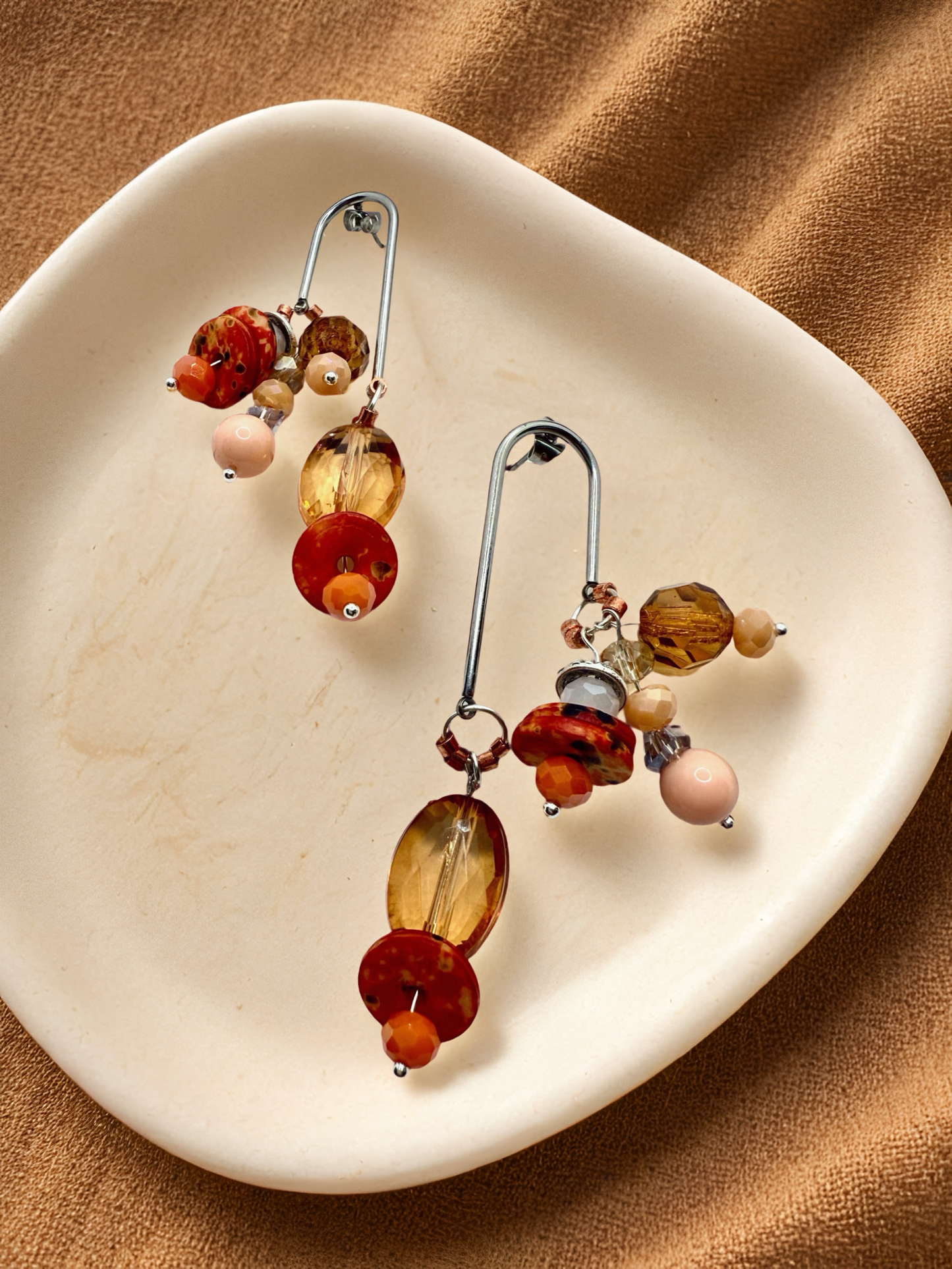 Silver drops red orange earrings