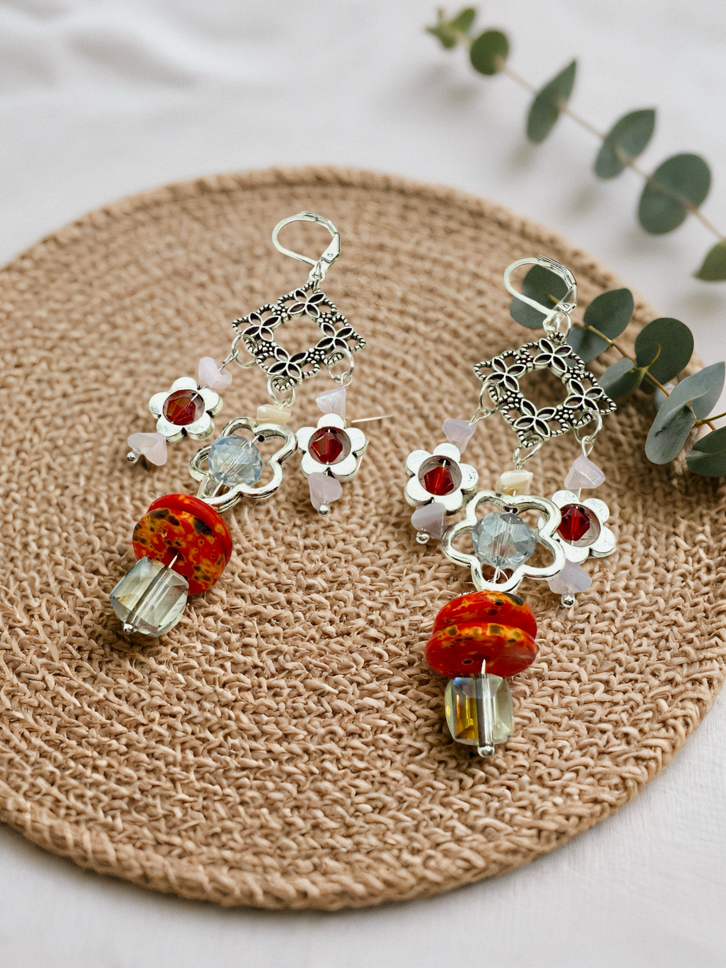 Silver Flowery beaded Drop earrings