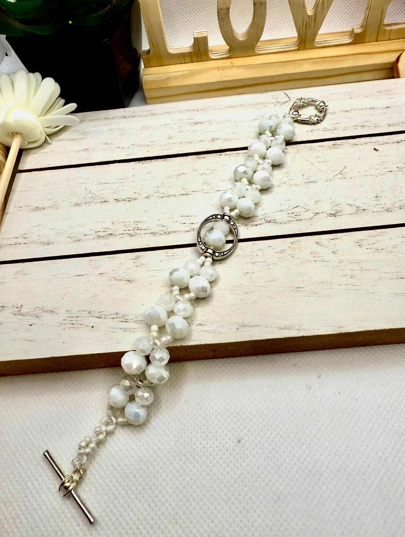 Pure White Glass beads with Antique silver hollow charms
