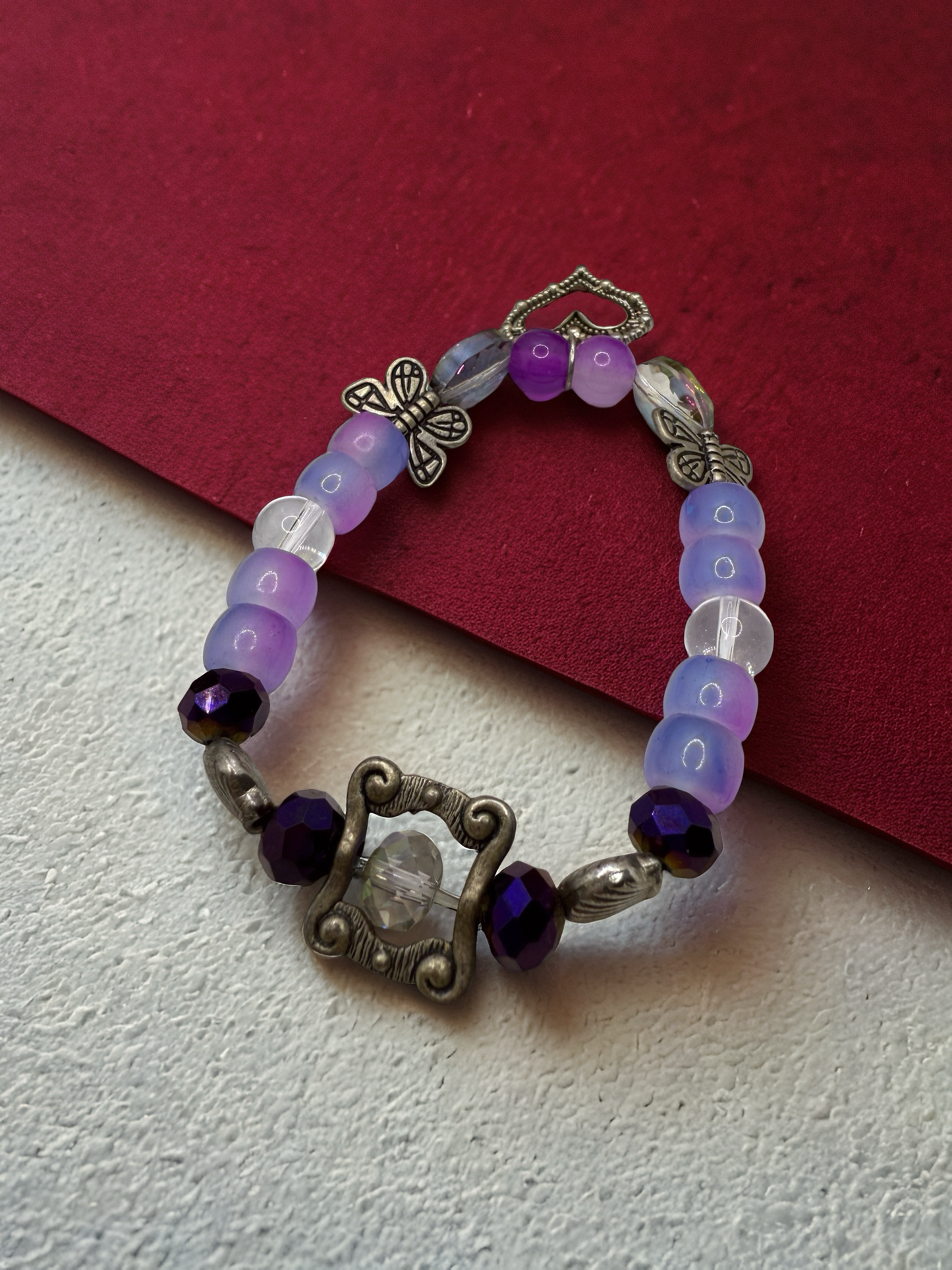 Purple butterfly and heart metal beaded Bracelet