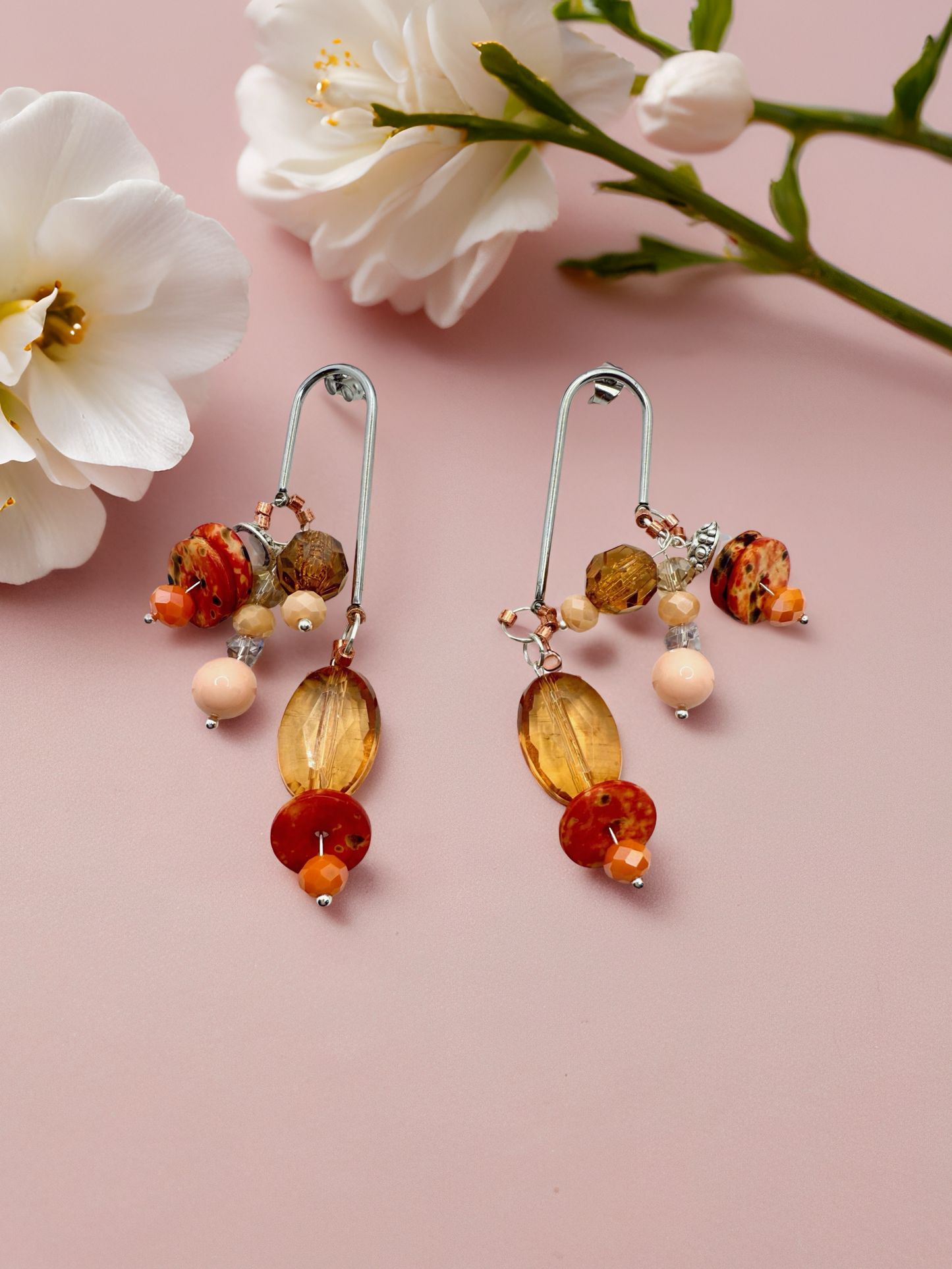 Silver drops red orange earrings
