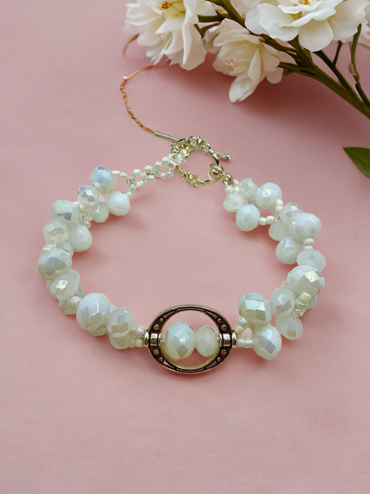 Pure White Glass beads with Antique silver hollow charms