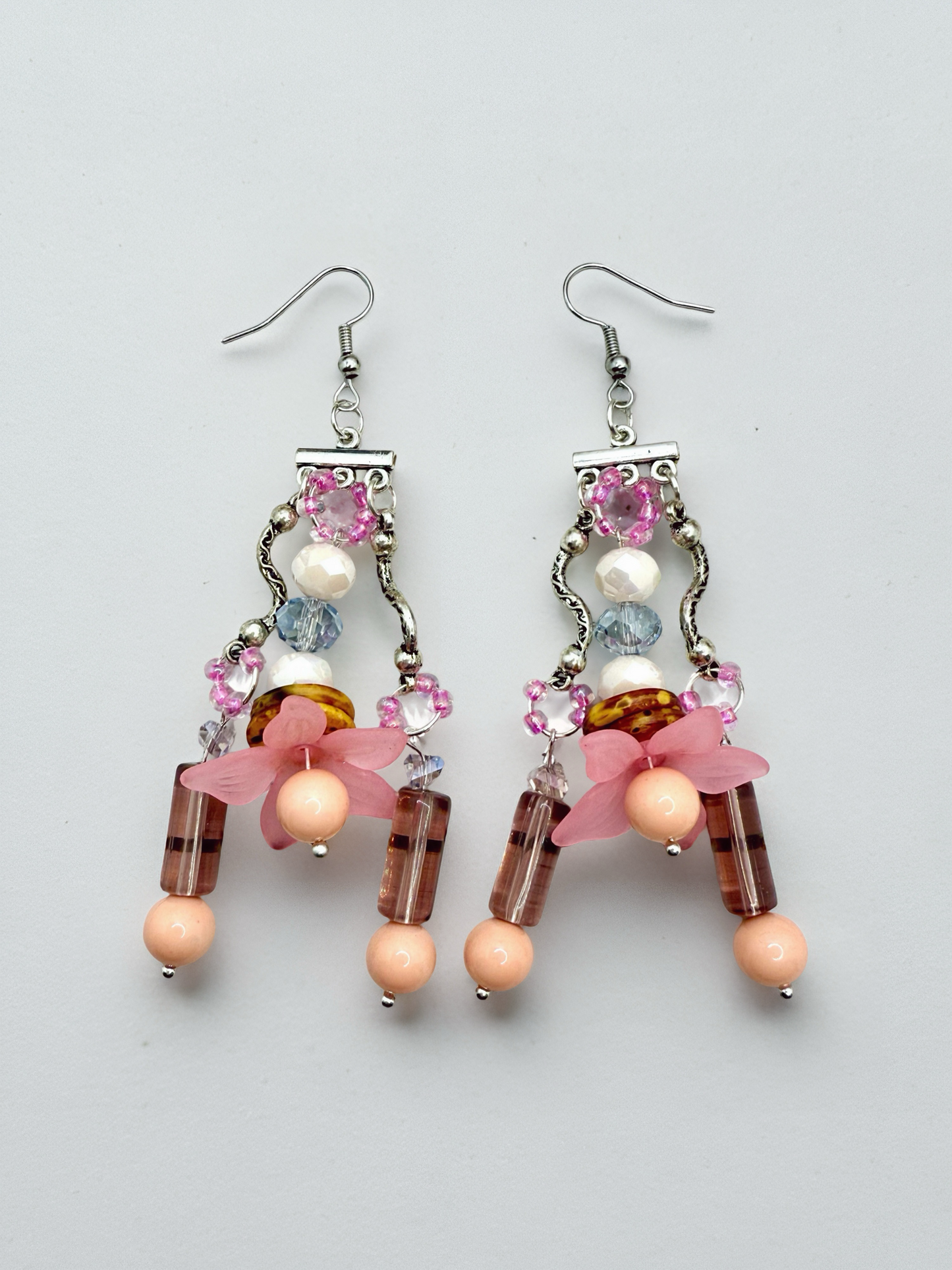 Cascading Pink Flower beaded hook earrings