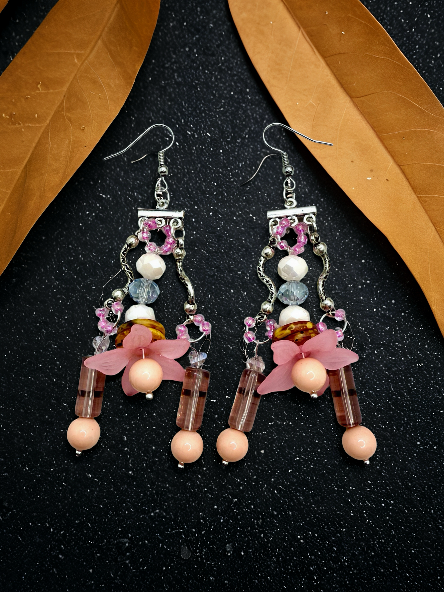 Cascading Pink Flower beaded hook earrings