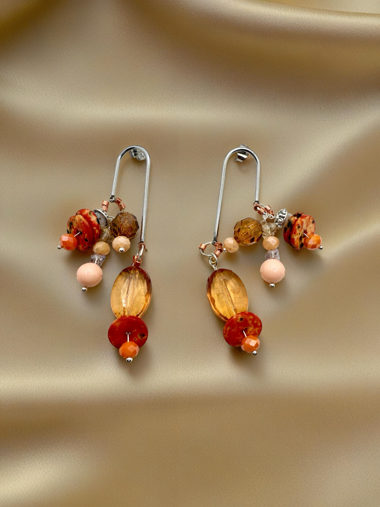 Silver drops red orange earrings