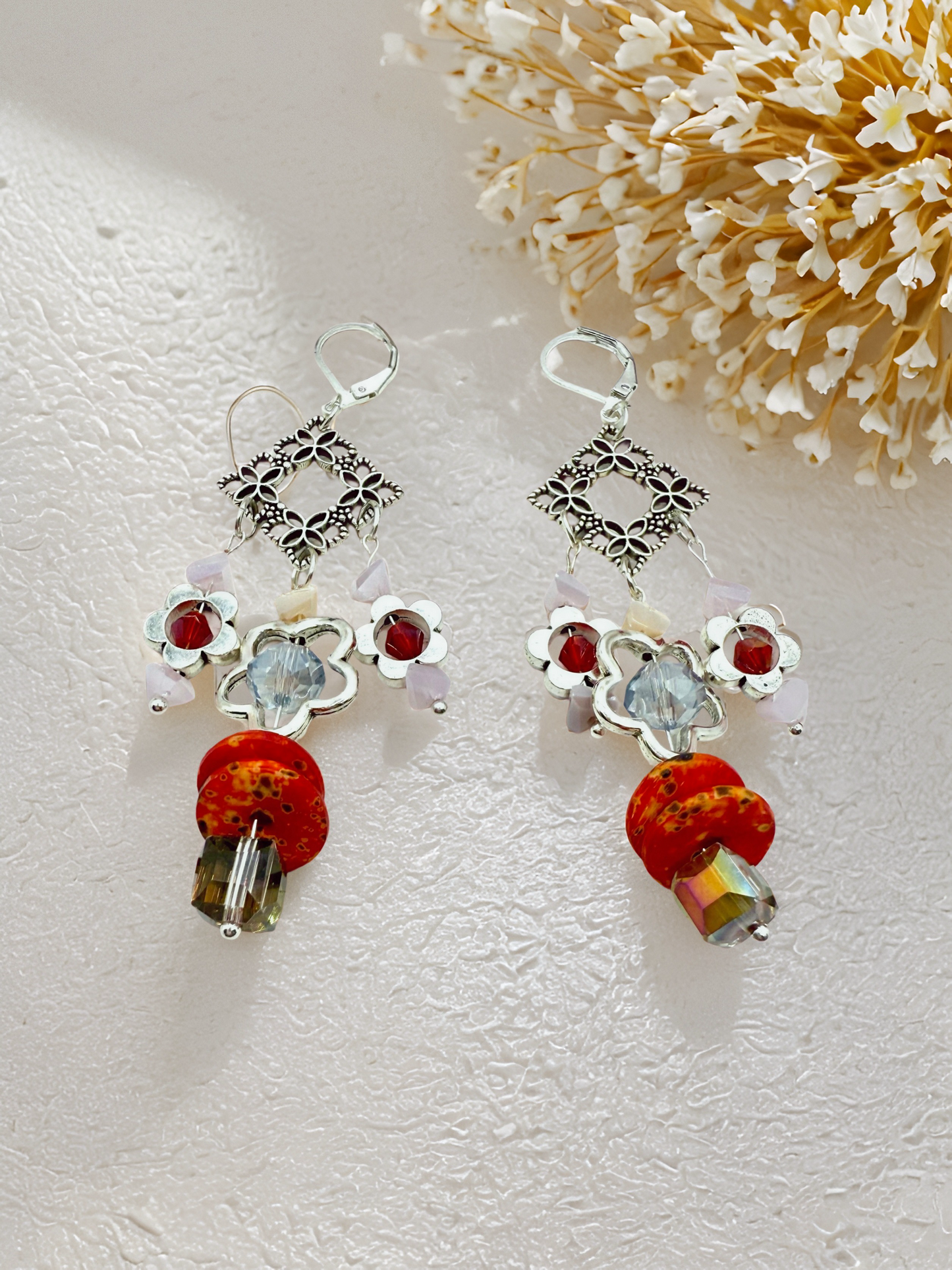Silver Flowery beaded Drop earrings