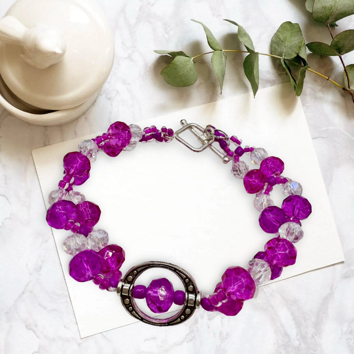 Purple and White Cystal glass beads bracelet