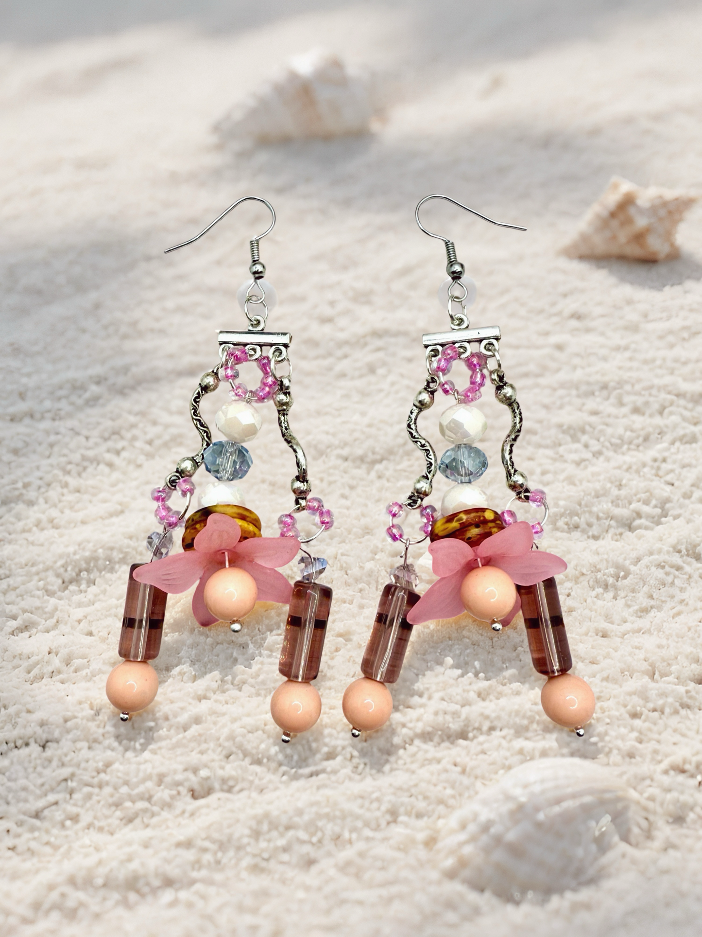 Cascading Pink Flower beaded hook earrings