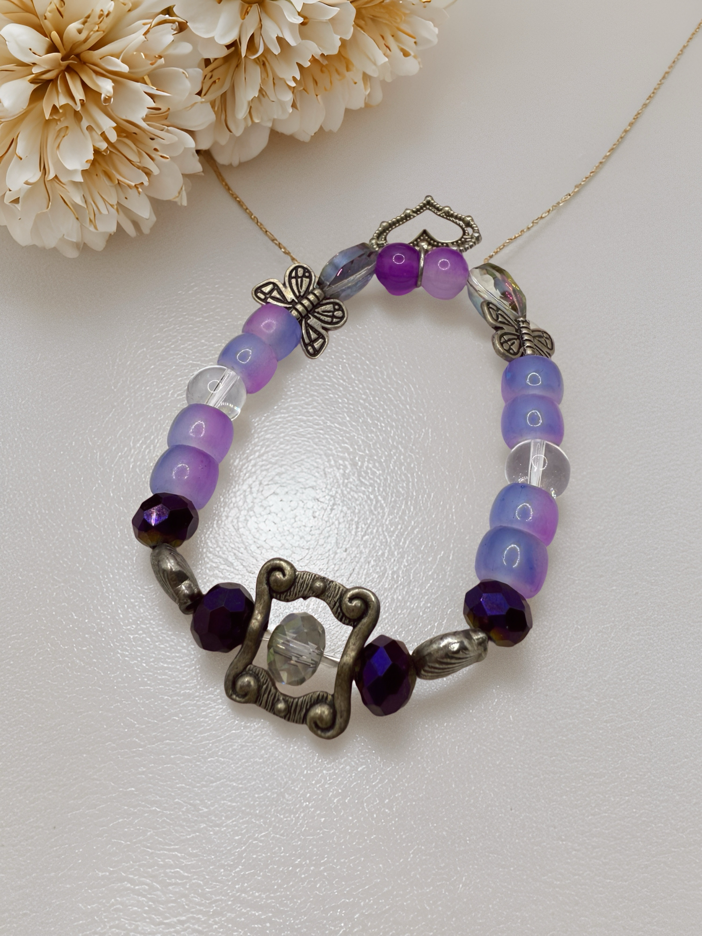 Purple butterfly and heart metal beaded Bracelet