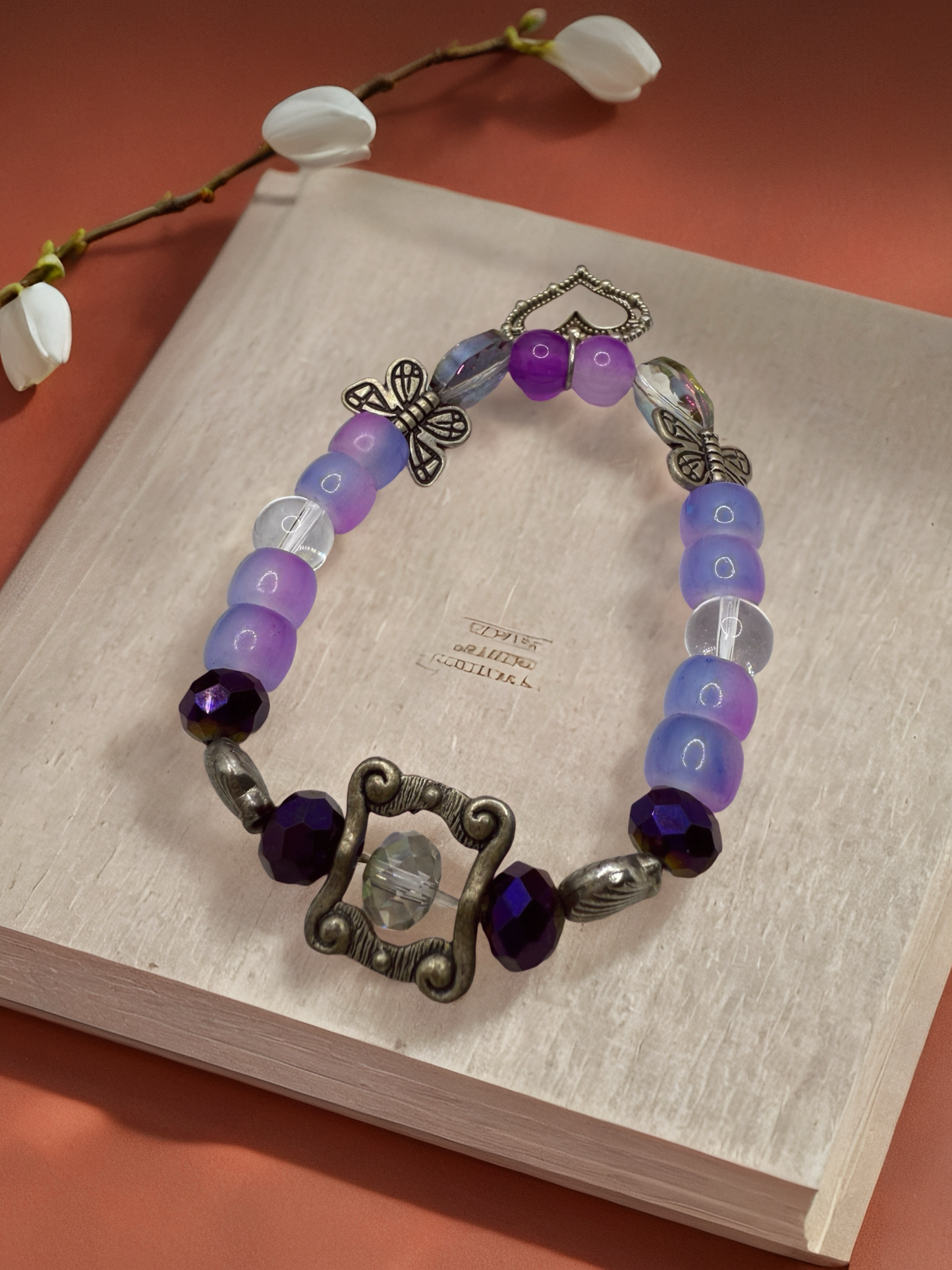 Purple butterfly and heart metal beaded Bracelet