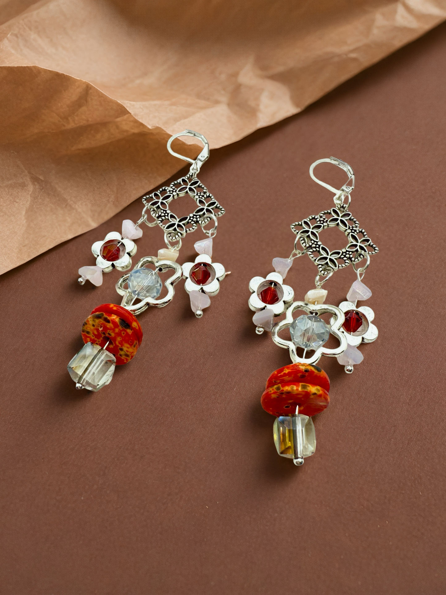 Silver Flowery beaded Drop earrings