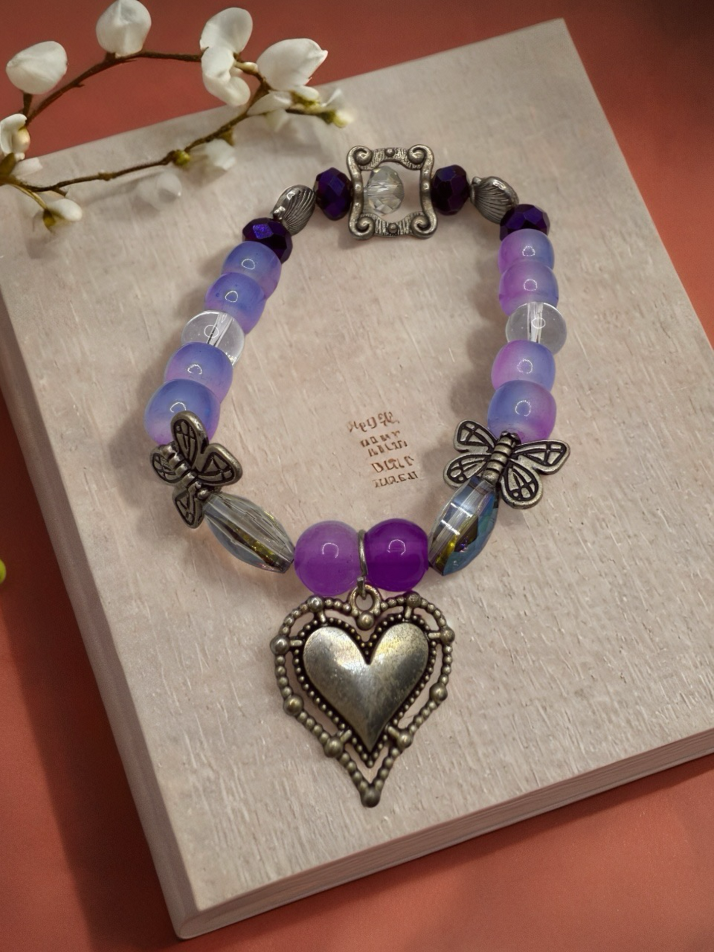 Purple butterfly and heart metal beaded Bracelet