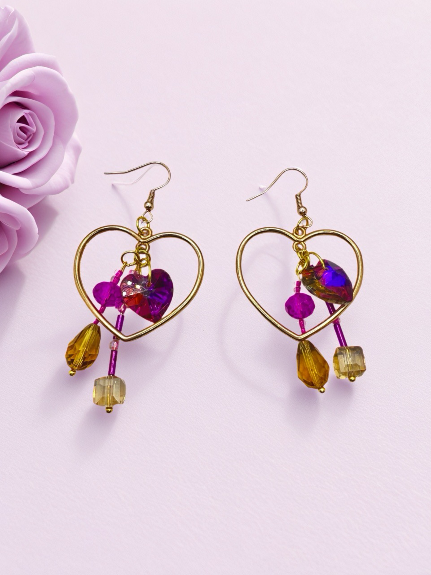 Golden Big Heart Beaded Hook earrings