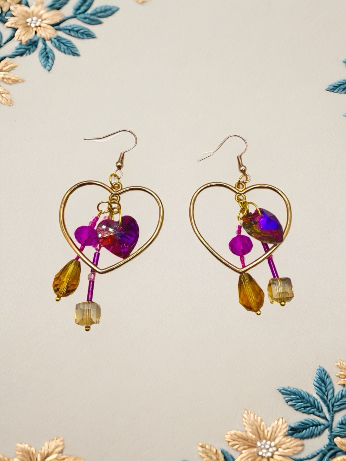 Golden Big Heart Beaded Hook earrings