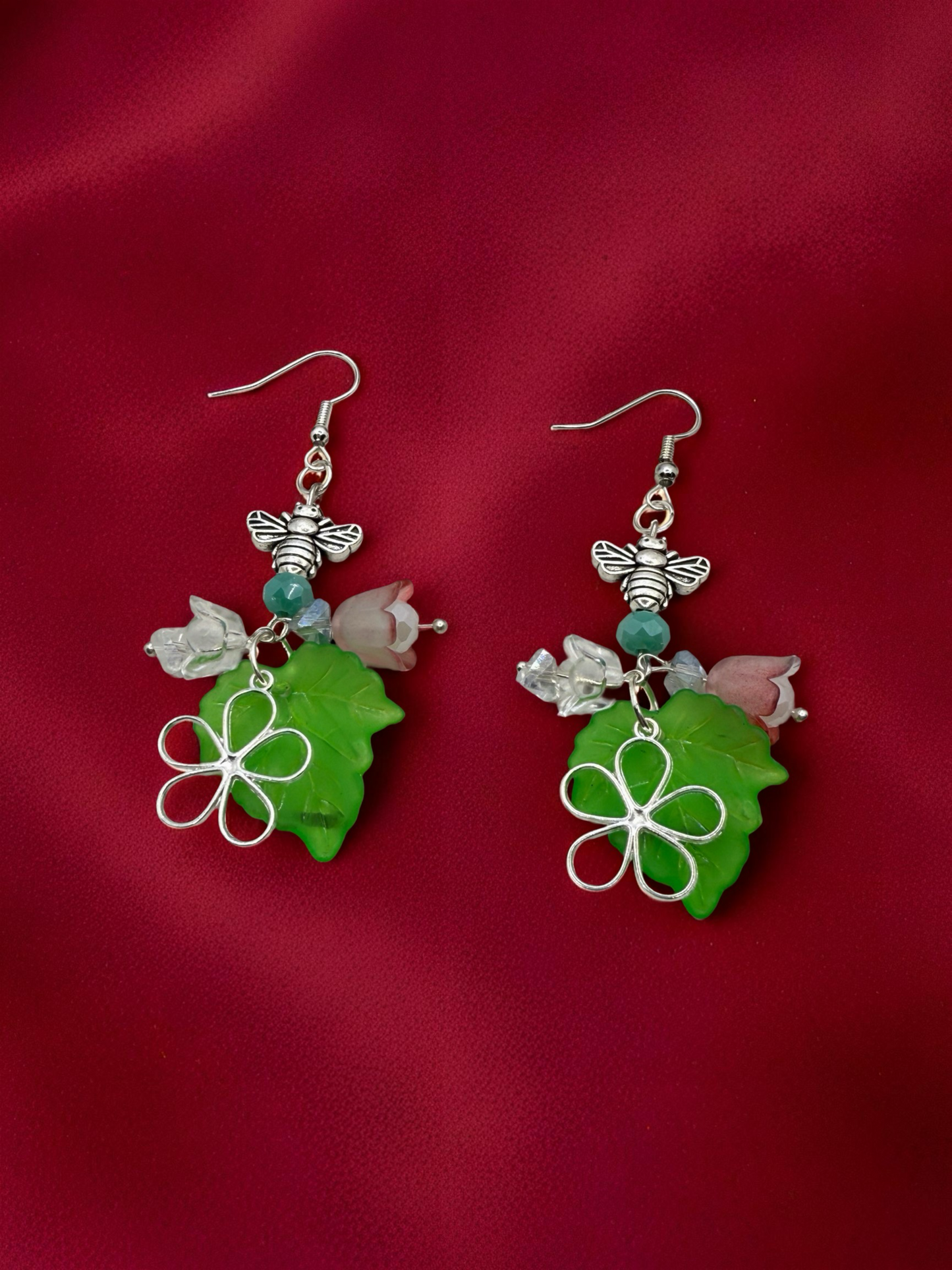 Green Leaf Dangle Hook Earrings