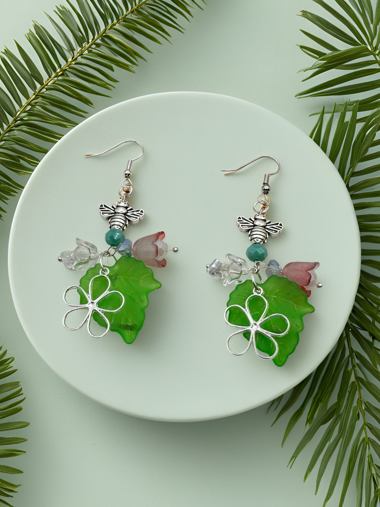 Green Leaf Dangle Hook Earrings