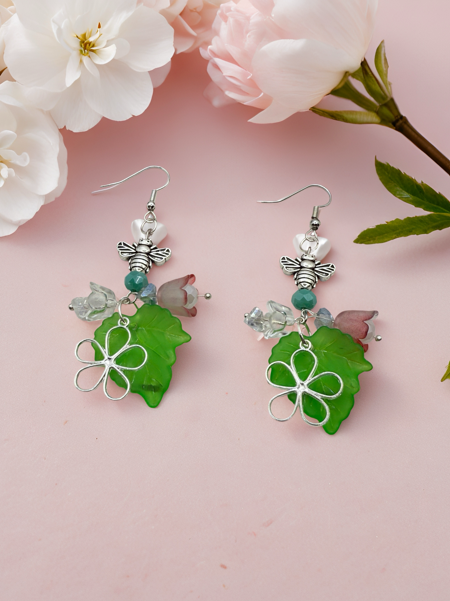 Green Leaf Dangle Hook Earrings