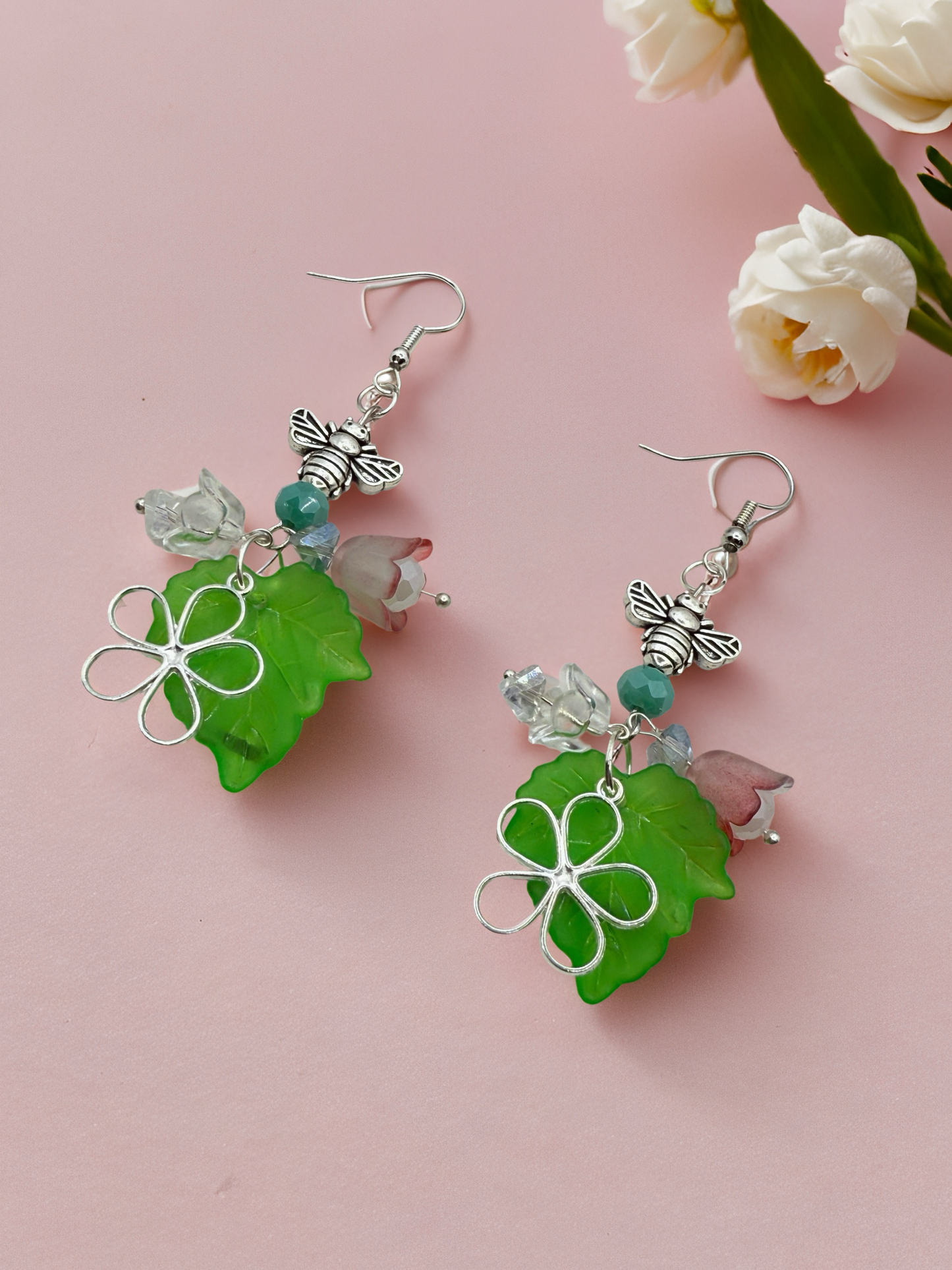 Green Leaf Dangle Hook Earrings