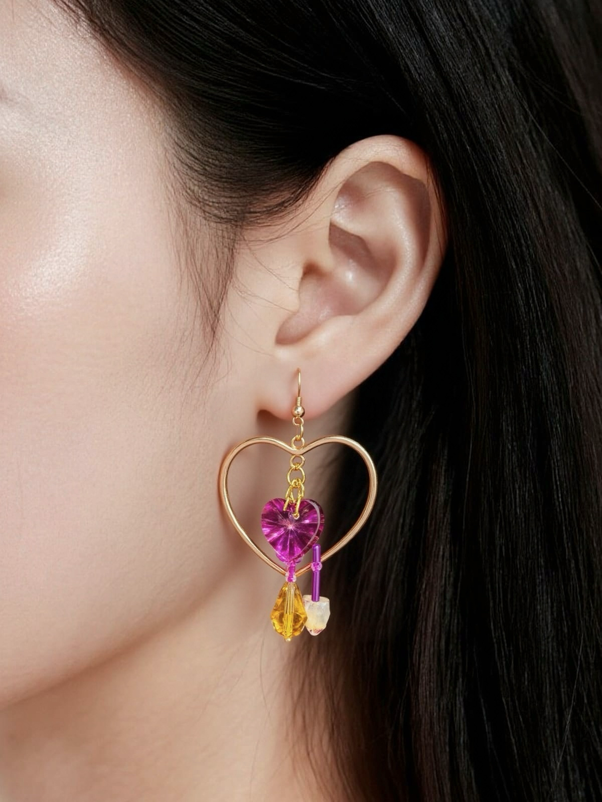 Golden Big Heart Beaded Hook earrings