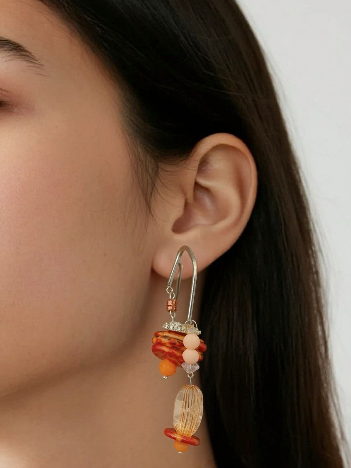 Silver drops red orange earrings