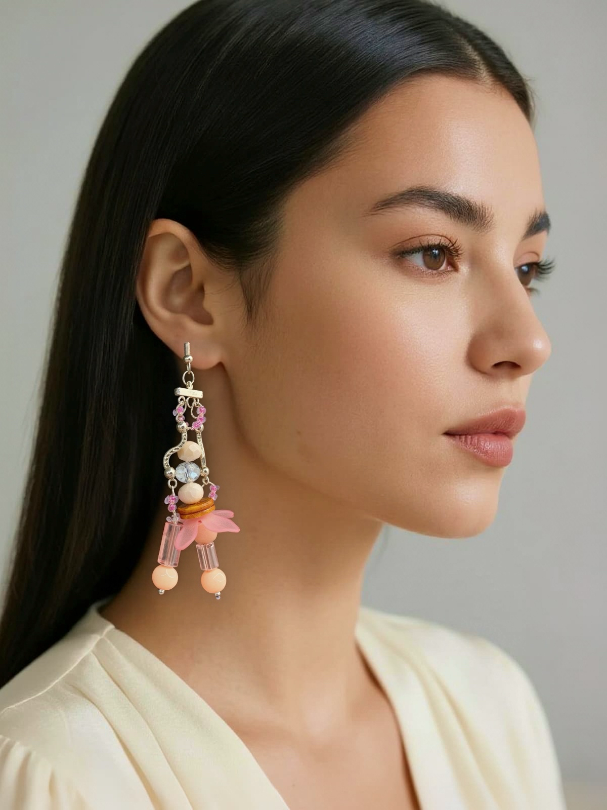 Cascading Pink Flower beaded hook earrings