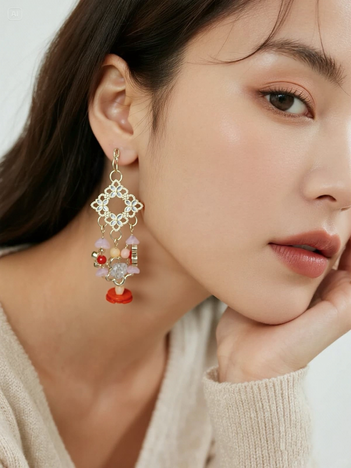 Silver Flowery beaded Drop earrings