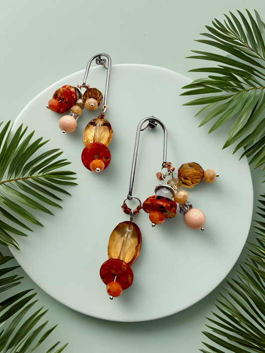 Silver drops red orange earrings