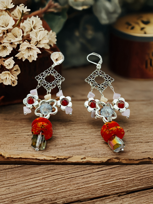 Silver Flowery beaded Drop earrings