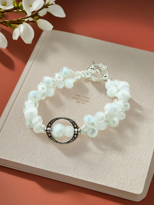Pure White Glass beads with Antique silver hollow charms