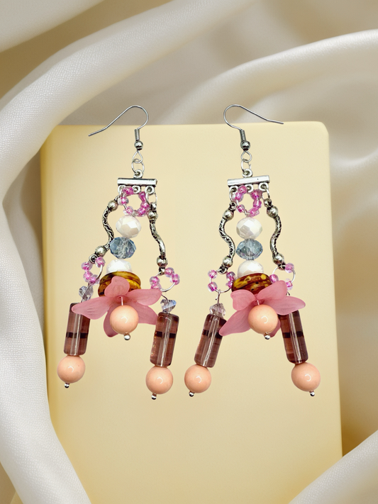 Cascading Pink Flower beaded hook earrings
