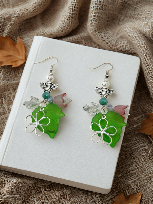 Green Leaf Dangle Hook Earrings