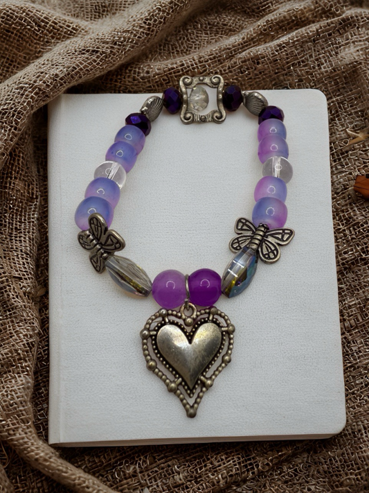 Purple butterfly and heart metal beaded Bracelet