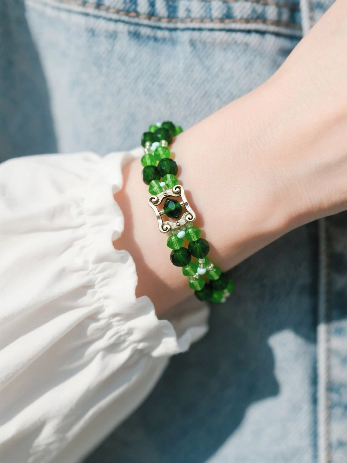 Green Faceted glass beads with antique hollow square charm