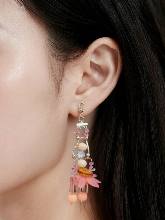 Cascading Pink Flower beaded hook earrings